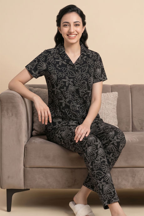 Zivame Knit Cotton Pyjama Set - Black Beauty — image 3